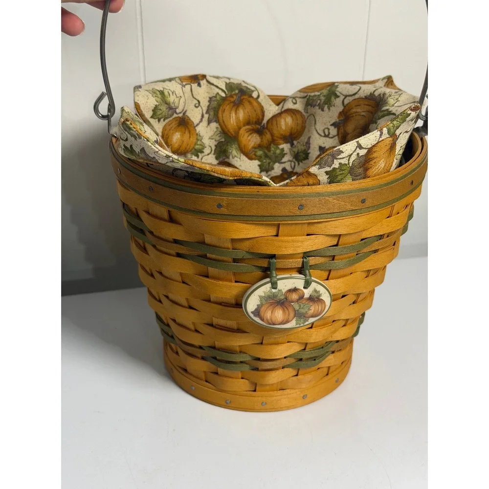 VTG Longaberger Autumn Pail Basket Sage Green 2002 Pumpkin Liner Tie-On Woven